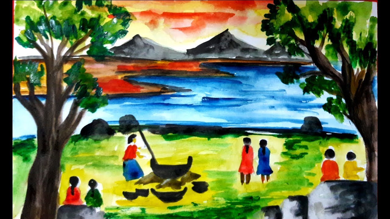 1280x720 Winter Season Drawing Picnic Scenery Drawing Festival - Picnic Drawing Images