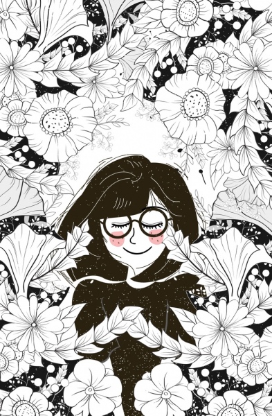 393x600 Woman Flowers Drawing Black White Sketch Free Vector In Adobe - Pics Of Flowers Drawing
