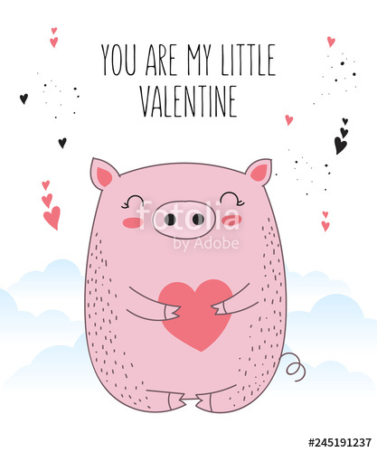 417x500 Vector Line Drawing Poster With Cute Pig And Heart Stock Image - Pig Heart Drawing