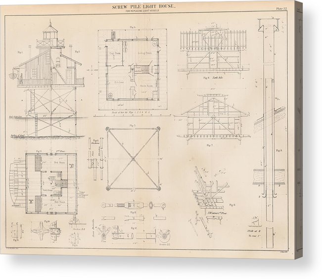 651x563 u s coast guard drawing of a screw pile lighthouse acrylic print - Pile Drawing