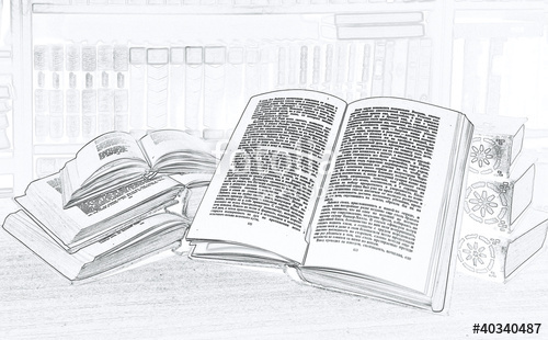 500x310 pencil drawing some books in pile and the opened book stock photo - Pile Of Books Drawing