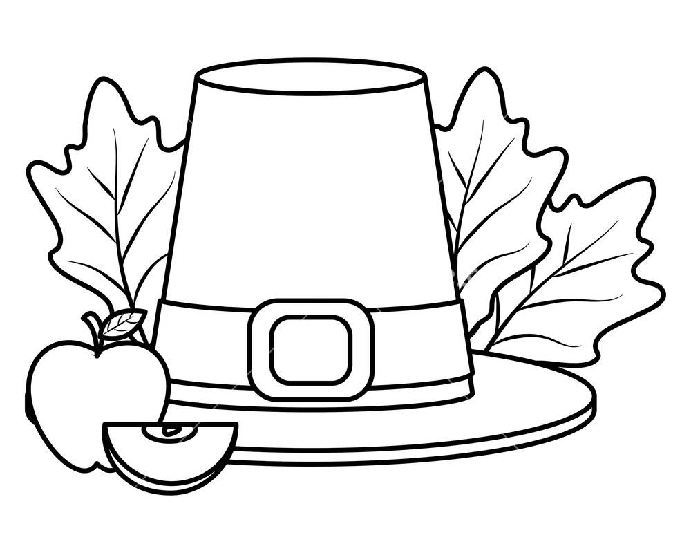 1000x800 thanksgiving day pilgrim hat with autumn leaves and apple drawing - Pilgrim Hat Drawing