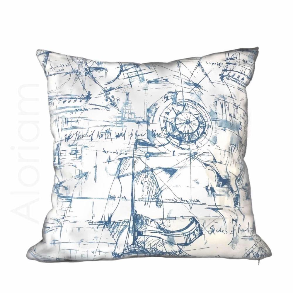 1000x1000 blue white sailing sailboat nautical sketch drawing pillow cushion - Pillow Drawing