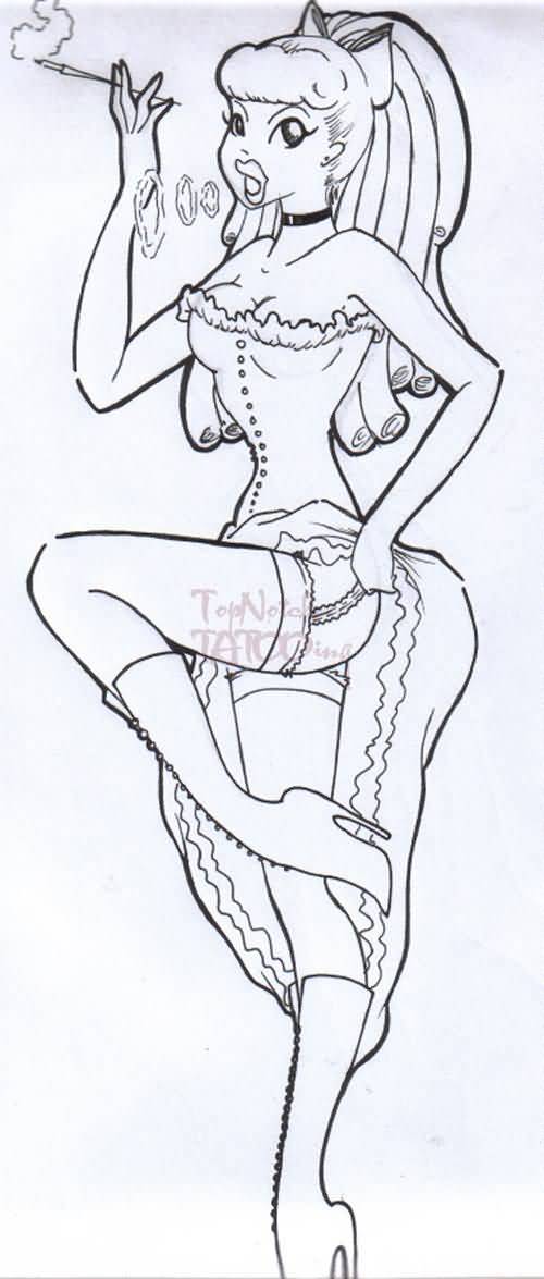 500x1175 Smoking Pin Up Girl Drawing Tattoo - Pin Up Drawing