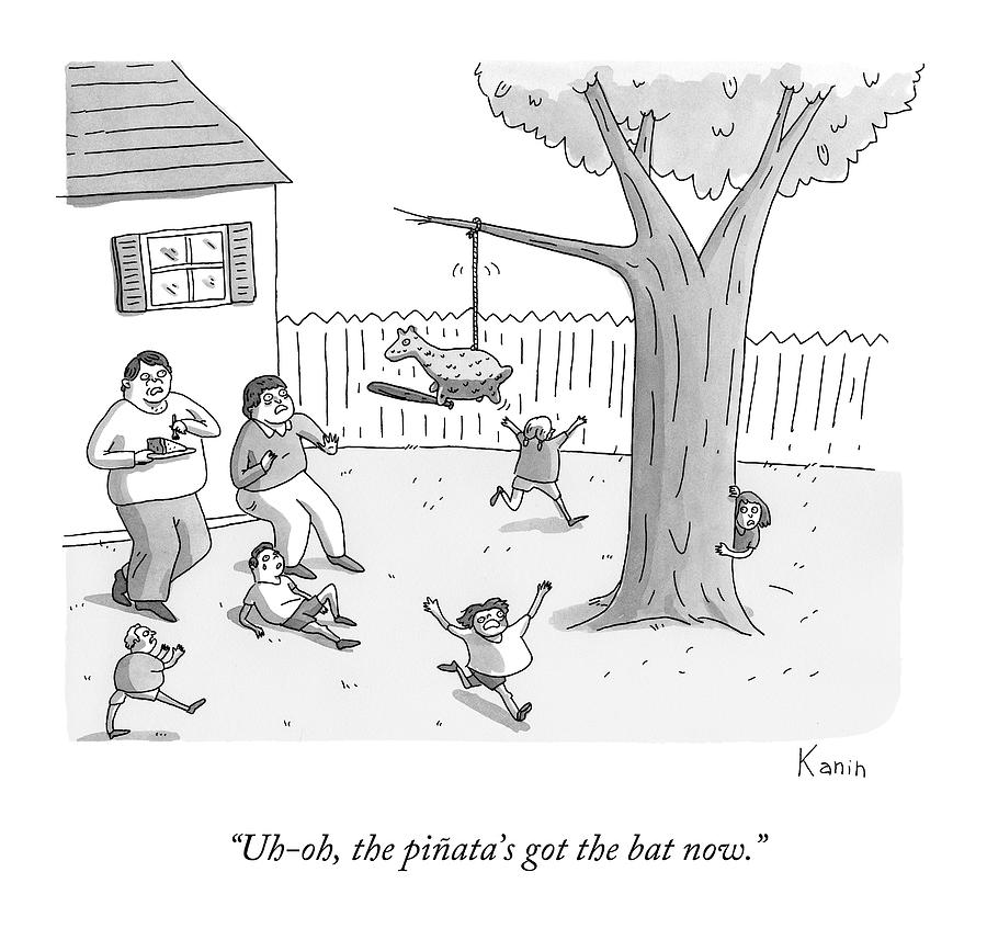 900x857 children and parents run away from a pinata drawing - Pinata Drawing