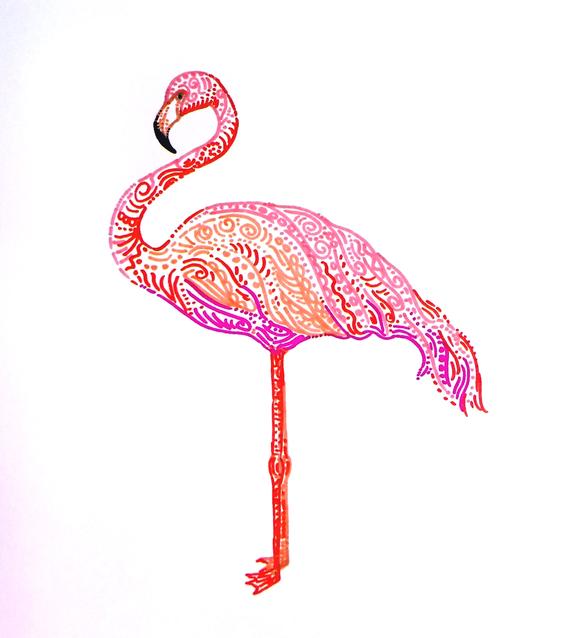 570x638 tropical pink flamingo colorful flamingo tropical birds pink etsy - Pink Flamingo Drawing