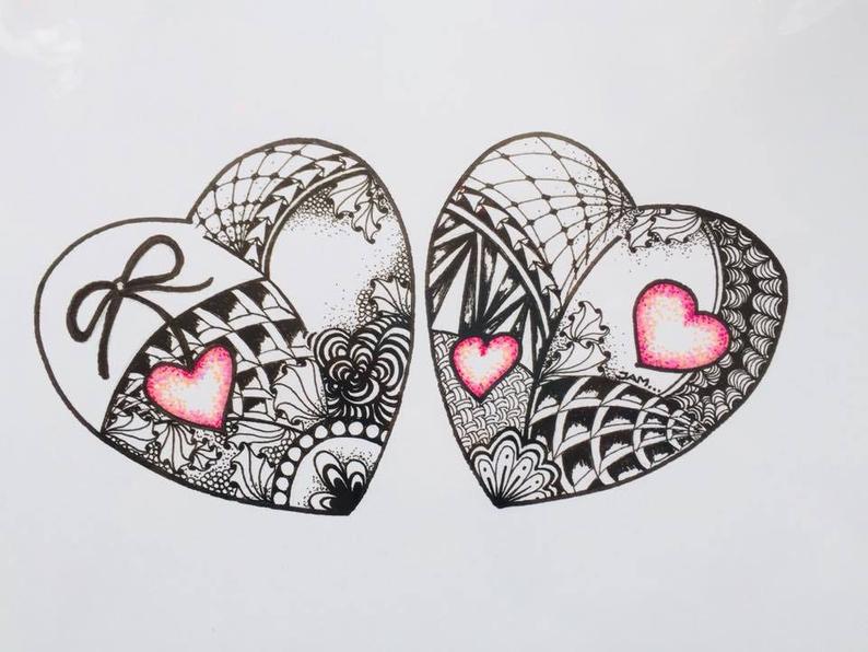 794x596 two hearts line drawing print colour splash pink heart zen etsy - Pink Heart Drawing