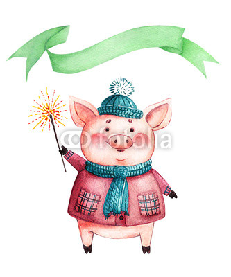 333x400 Drawing Of A Watercolor Pink Pig In Winter Clothes And A Green - Pink Pig Drawing