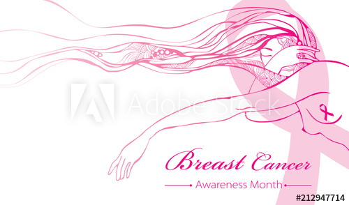 500x294 vector drawing of sad woman with pink ribbon and pink long wavy - Pink Ribbon Drawing