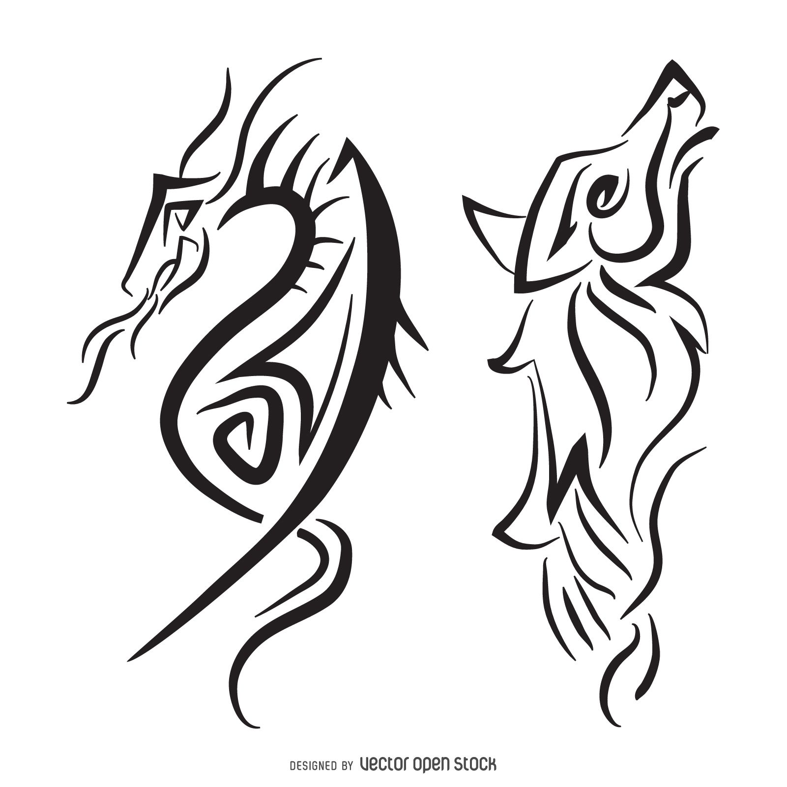 1601x1601 set of two pinstripe illustrations featuring a dragon and a wolf - Pinstripe Drawings