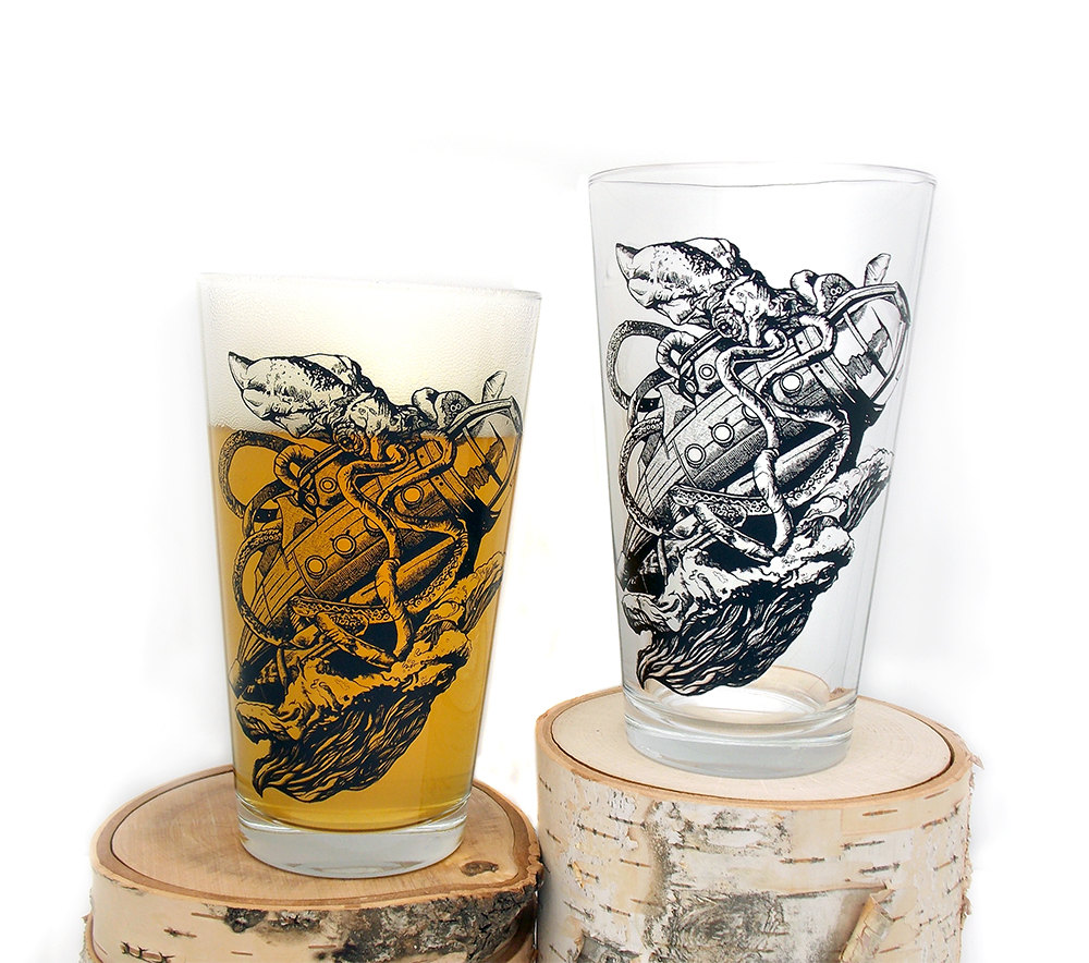 1000x884 kraken vs submarine pint glasses retro comic illustration etsy - Pint Of Beer Drawing