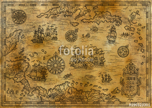 500x357 Old Map Of The Caribbean Sea With Decorative And Fantasy Elements - Pirate Compass Drawing