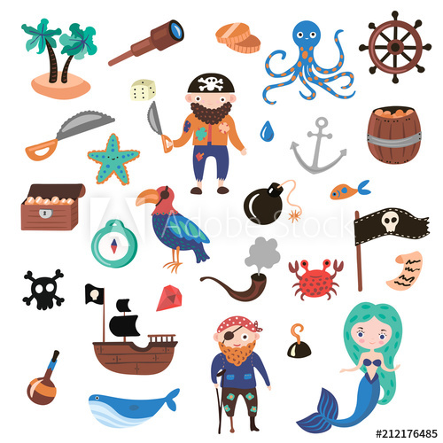 500x500 Set Of Pirates Vector Cartoon Objects Adventures And Pirate Party - Pirate Drawing For Kids