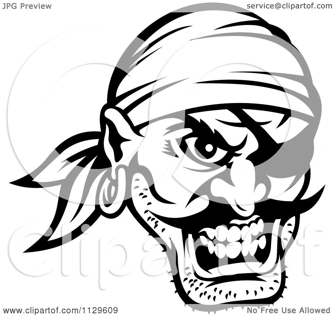 1080x1024 Clipart Of An Angry Black And White Pirate Face With An Eye Patch - Pirate Face Drawing