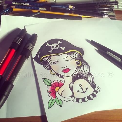 500x500 Pirate Girl Drawing Tattoo Design - Pirate Girl Drawing
