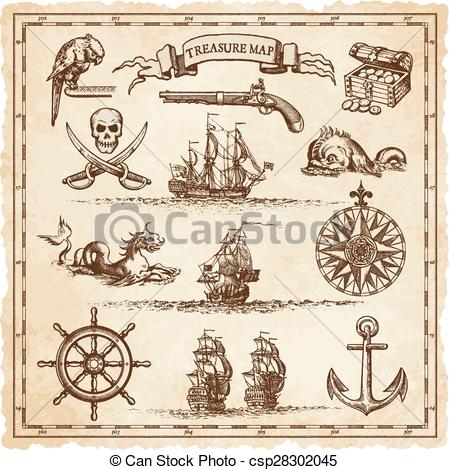 449x470 pirate vintage map illustration elements a collection of very - Pirate Map Drawing