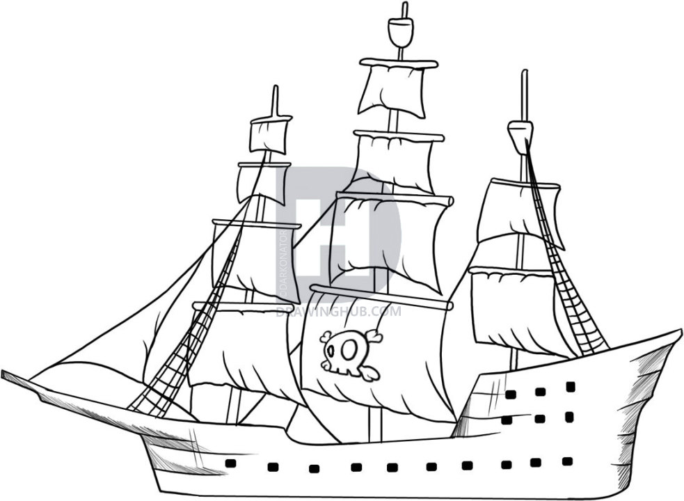 983x720 how to draw a pirate ship, step - Pirate Ship Drawing