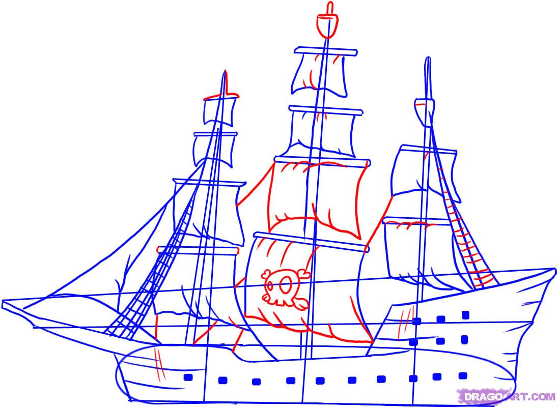 1096x802 How To Draw A Pirate Ship, Step - Pirate Ship Drawing