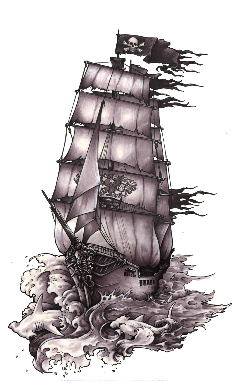 800x1295 Pirate Ship And Waves Tattoos Sketch Tattoo Ideas - Pirate Ship Drawing