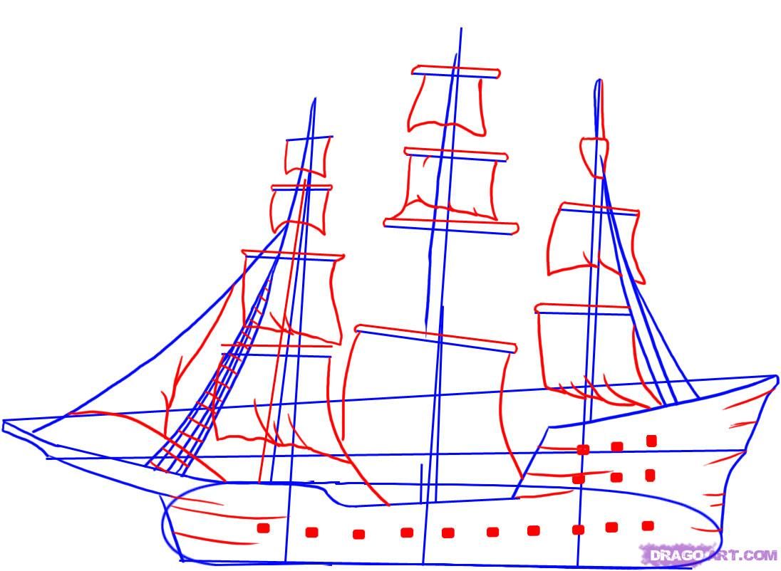 1096x802 How To Draw A Pirate Ship Step - Pirate Ship Drawing For Kids