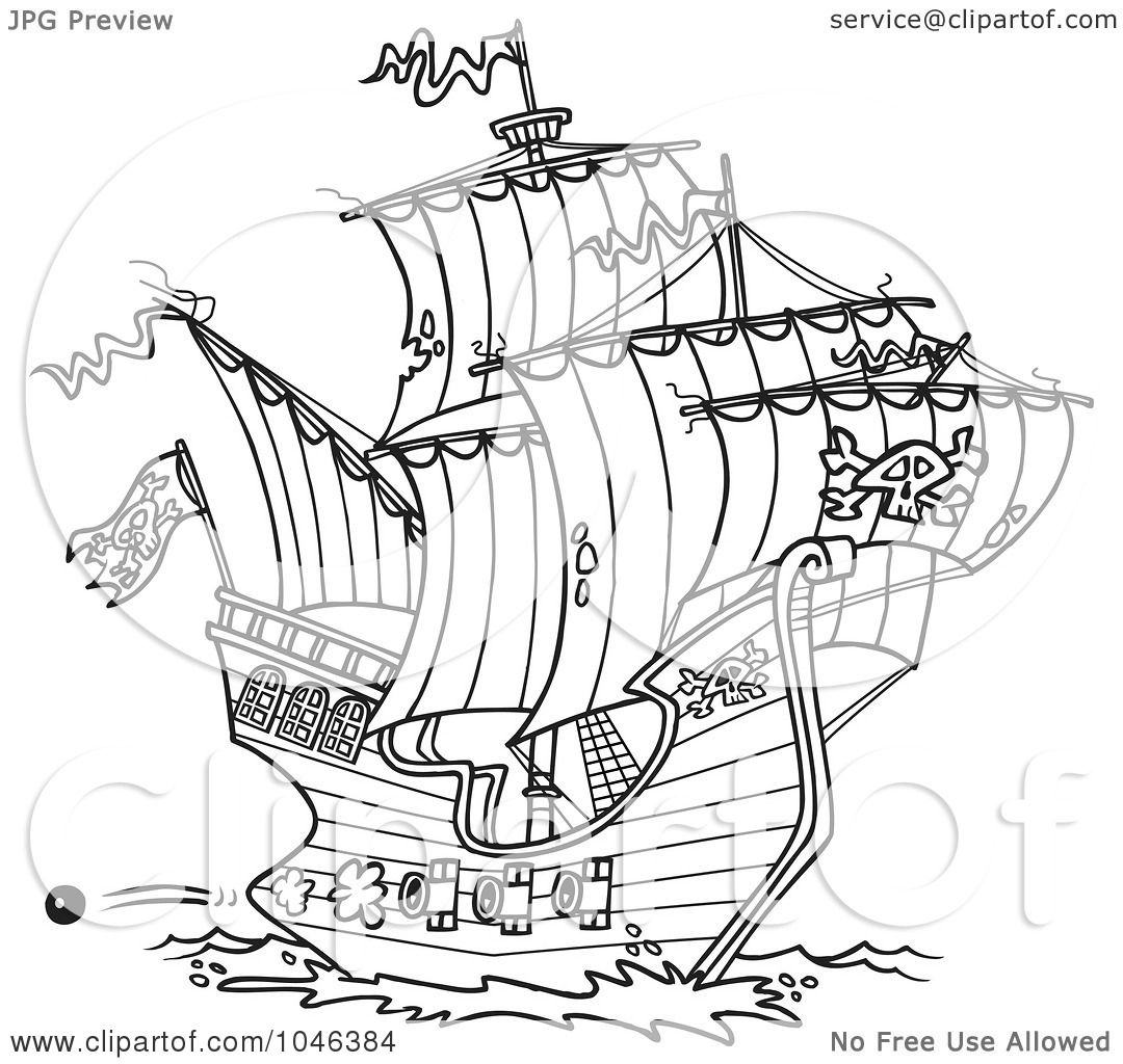1080x1024 Royalty Free - Pirate Ship Line Drawing
