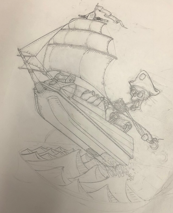 569x700 Captain Skinner Jet Ski Pirate Ship T Shirt Unique Sketch Design - Pirate Ship Pencil Drawing