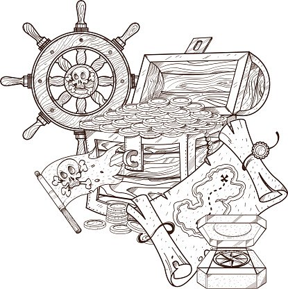 415x416 treasure chest, the wheel, the jolly graphics pirate stock vectors - Pirate Treasure Chest Drawing