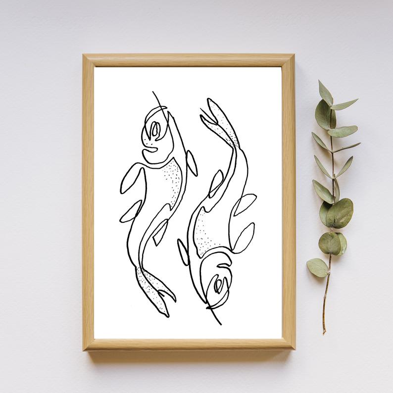 794x794 zodiac art print pisces art one line drawing continuous etsy - Pisces Drawing