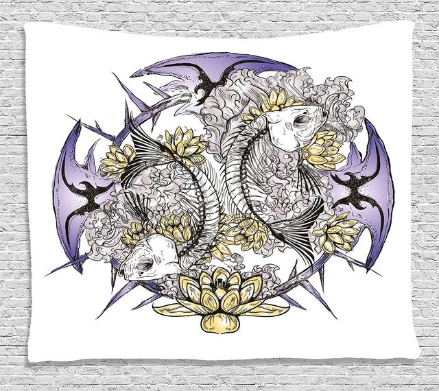 640x570 skull decorations tapestry pisces fish with lotus flowers - Pisces Fish Drawing