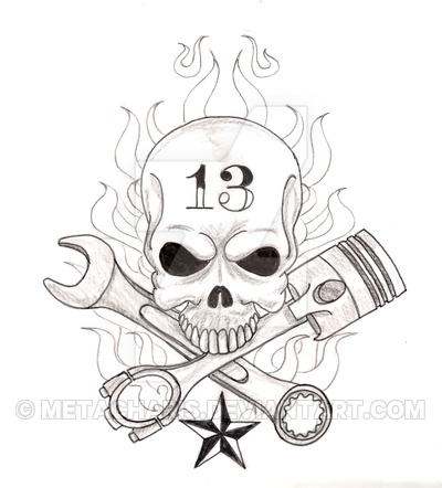 400x442 skull with crossed wrench and piston tattoo - Piston Tattoo Drawing