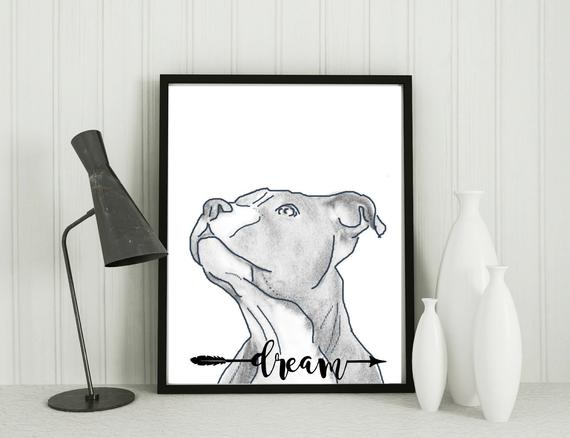 570x438 pitbull artwork dog art print gray pitbull dog gift idea etsy - Pitbull Sketch Drawing
