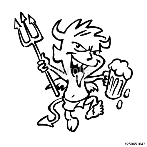 500x500 Devil Boy Dancing With Beer And Pitchfork, Black And White Drawing - Pitchfork Drawing