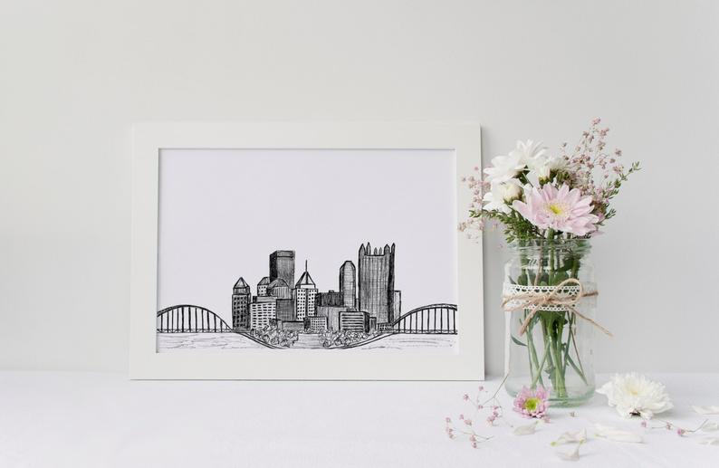 794x517 pittsburgh skyline drawing or print black and etsy - Pittsburgh Skyline Drawing