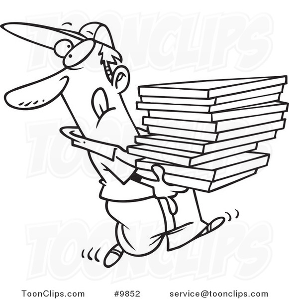581x600 cartoon black and white line drawing of a goofy pizza delivery boy - Pizza Drawing Black And White