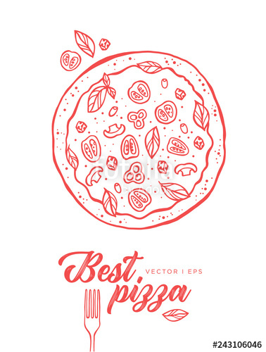 378x500 hand drawn vegetable pizza sketch, made of tomato, basil - Pizza Line Drawing