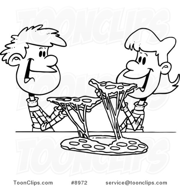 581x600 Cartoon Black And White Line Drawing Of A Couple Of Kids Sharing - Pizza Line Drawing