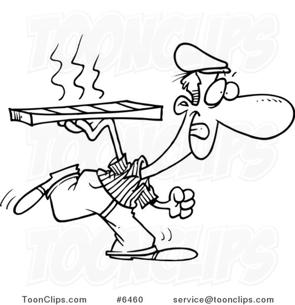 581x600 cartoon black and white line drawing of a pizza delivery guy - Pizza Line Drawing