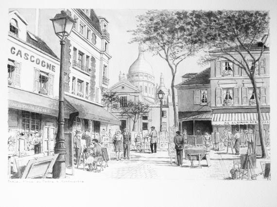 570x426 paris view place du tertre original drawing chinese ink on etsy - Place Drawing