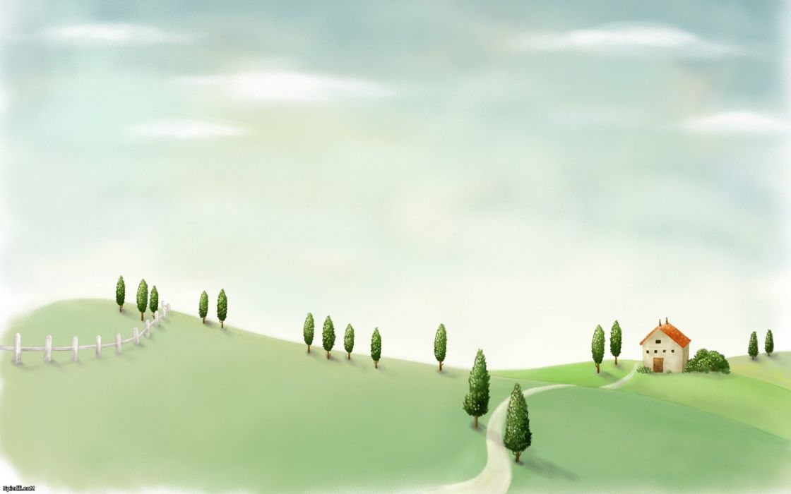 1120x700 Mountains Fences Houses Drawings Plains Walkway Wallpaper - Plains Drawing