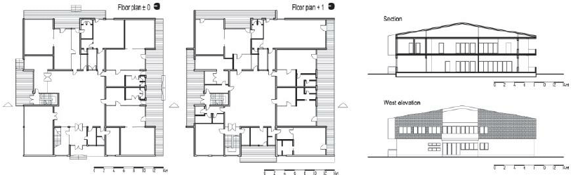 813x249 floor plan, section and elevation of the bajka kindergarten - Plan Elevation Section Drawing