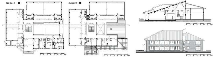 850x230 floor plan, section and elevation of the petar pan kindergarten - Plan Elevation Section Drawing