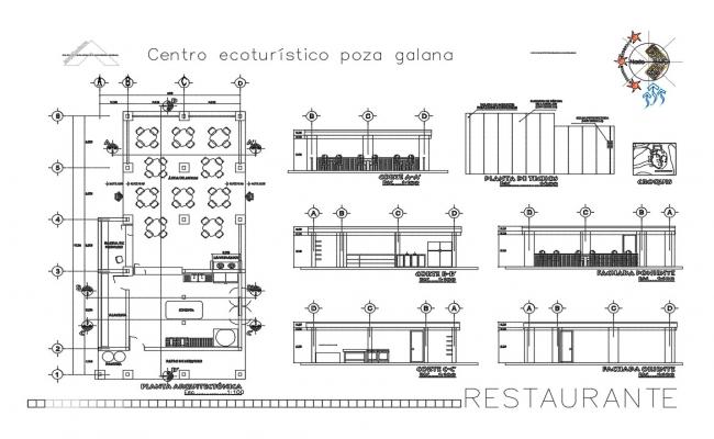 650x400 restaurant elevation, section and plan cad drawing details dwg - Plan Elevation Section Drawing