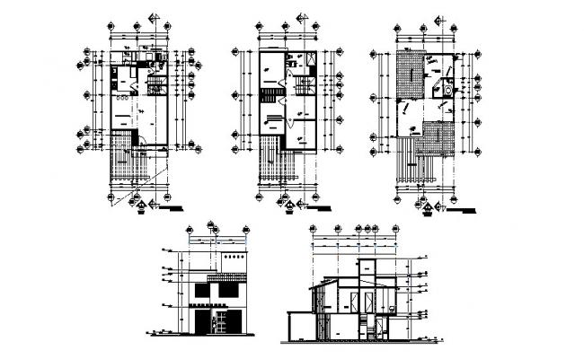 650x400 three story house elevation, section and floor plan cad drawing - Plan Elevation Section Drawing