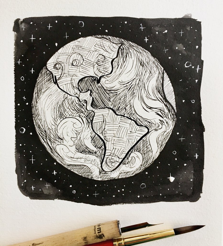 932x1024 Inktober Drawing - Planet Earth Drawing
