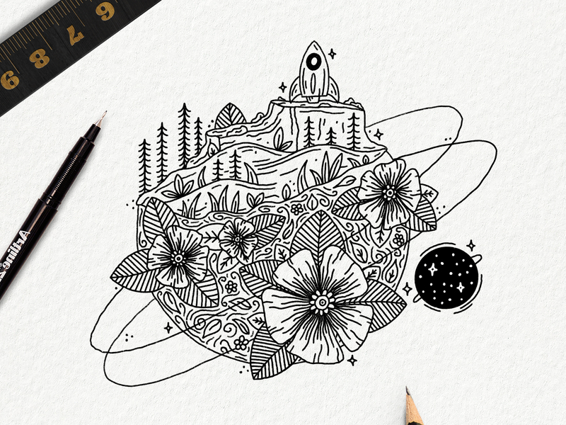 800x600 Floral Planet - Planet Line Drawing