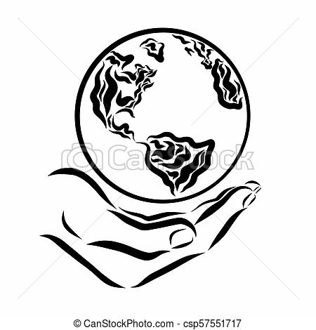 450x470 planet earth in hand, black lines - Planet Line Drawing