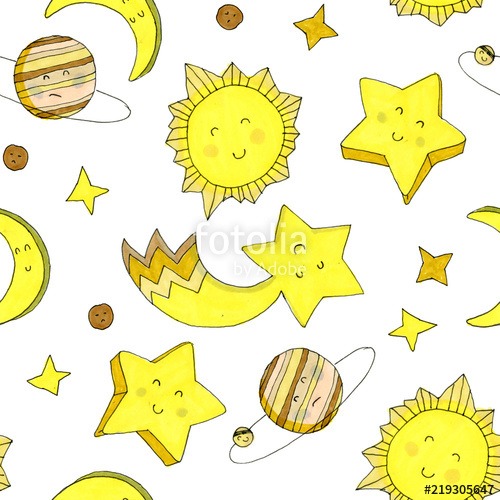 500x500 Watercolor Seamless Pattern Isolated On White Background Space - Planets Drawing For Kids