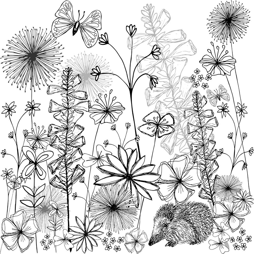 1024x1024 english country garden black white print - Plant Drawing Black And White