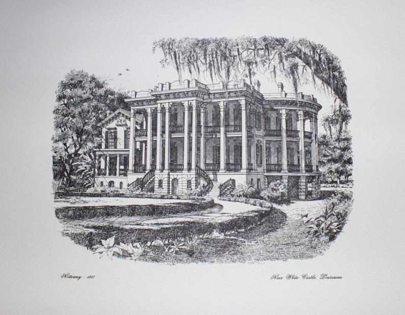 794x618 Print Of Pen Ink Drawing Nottoway Plantation White Castle Etsy - Plantation Drawing