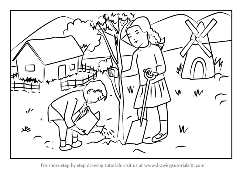 800x567 How To Draw Kids Planting Tree Scenery Video - Planting Trees Drawing